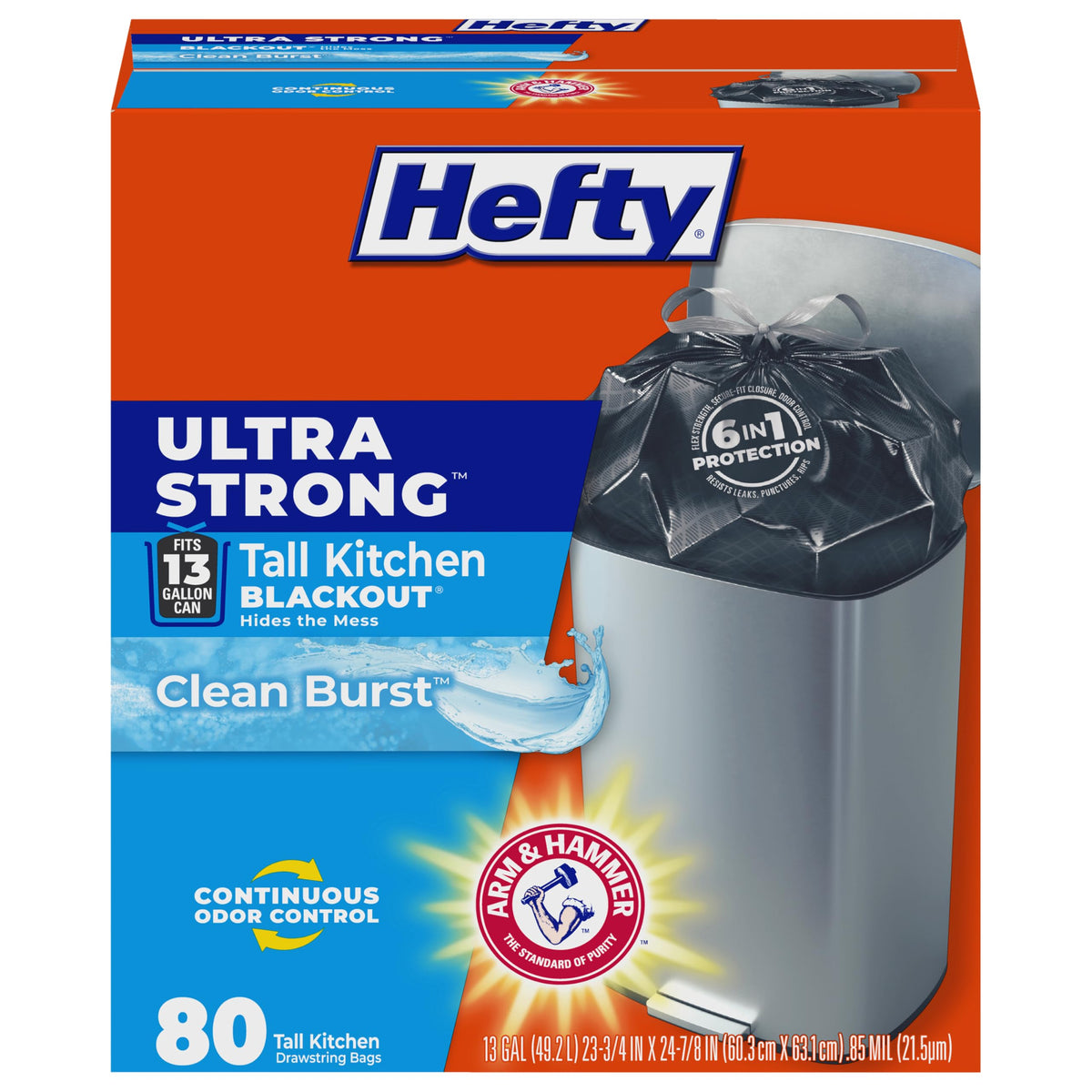 Ultra Strong 13 Gal Kitchen Trash Bags by Hefty – 80 Count (Pack of 1), 49.2 liters, Bamboo, Black, Model 10013700016612