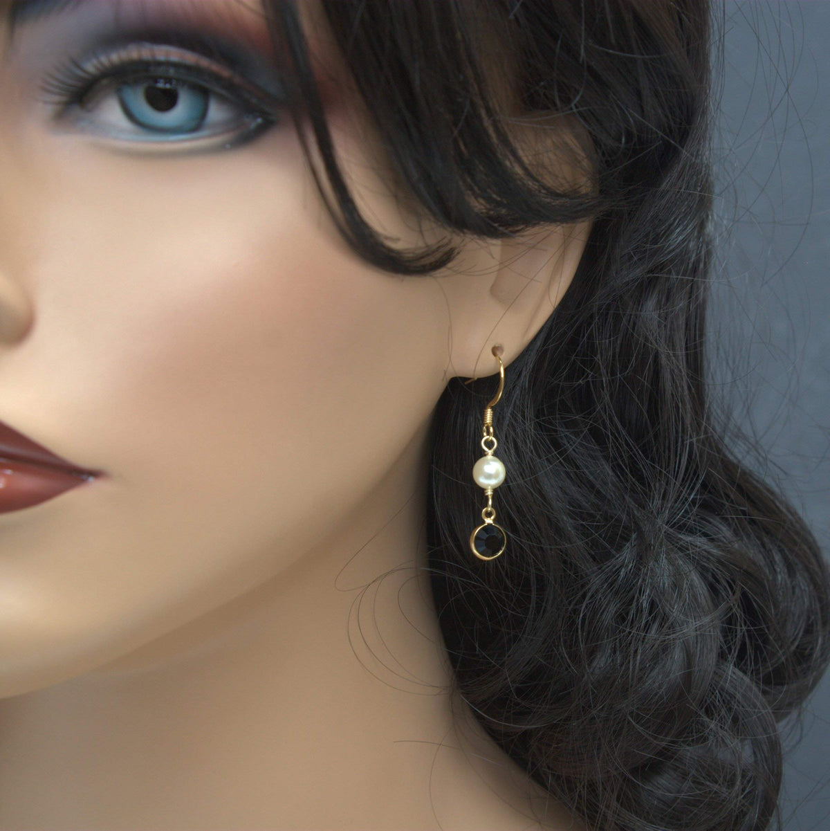 Crystal Channel Drop Dangle Earring - Jet Black Color by Martiana Jewelry – 1 inch, Crystal, Pearl, Gold Tone Ear Hook, Jet Black, Model MJ-E109