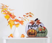 Cynosa Wooden Pumpkin Table Sign, Blessed Grateful Thankful, Yellow
