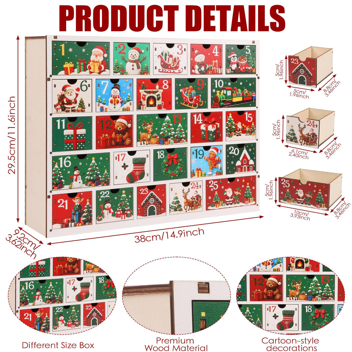 CCINEE Wooden Advent Calendar, 25 Drawers, Multicolor Cartoon Holiday Design