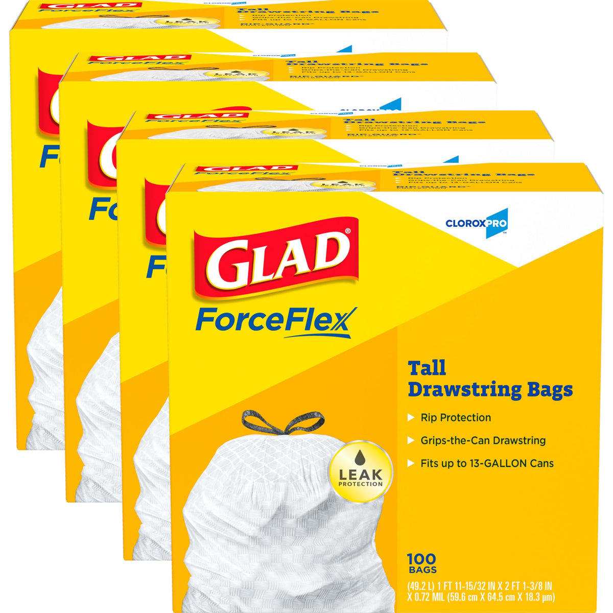Glad ForceFlex Tall Kitchen Trash Bags, Clorox Pro, 13 Gal, 100 Ct, 4 Pack