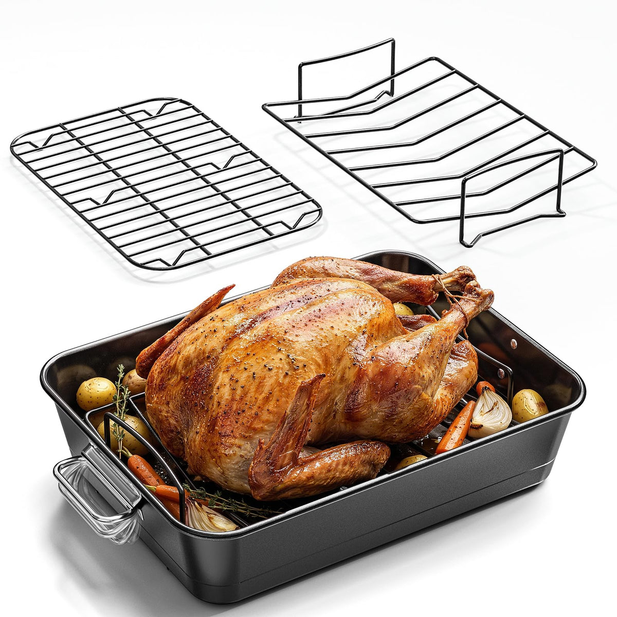 Armorbear Roasting Pan with Racks, Carbon Steel 16 x 11 Inch, Nonstick Black