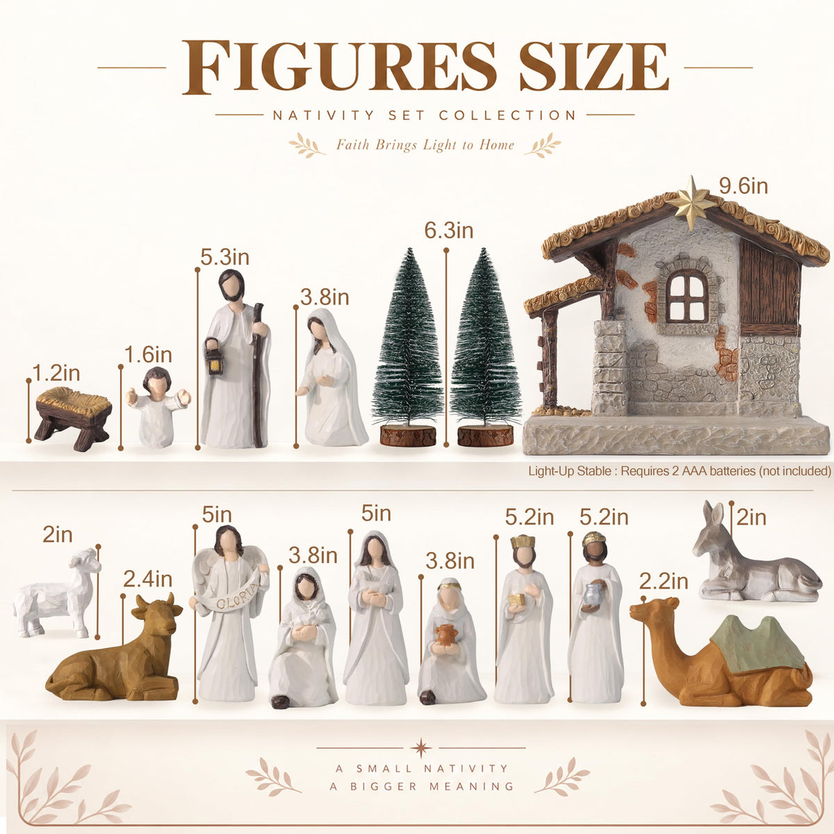Gleemoria Nativity Scene with Lighted Stable, 17 Pieces, White
