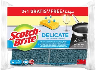 Scotch-Brite Delicate, Non-Scratching Natural Fibre Washing Up Sponges, 3 Plus 1 Free - Highly Absorbent Sponges for Kitchen and Household - Gentle on Uncoated Cookware and Glass