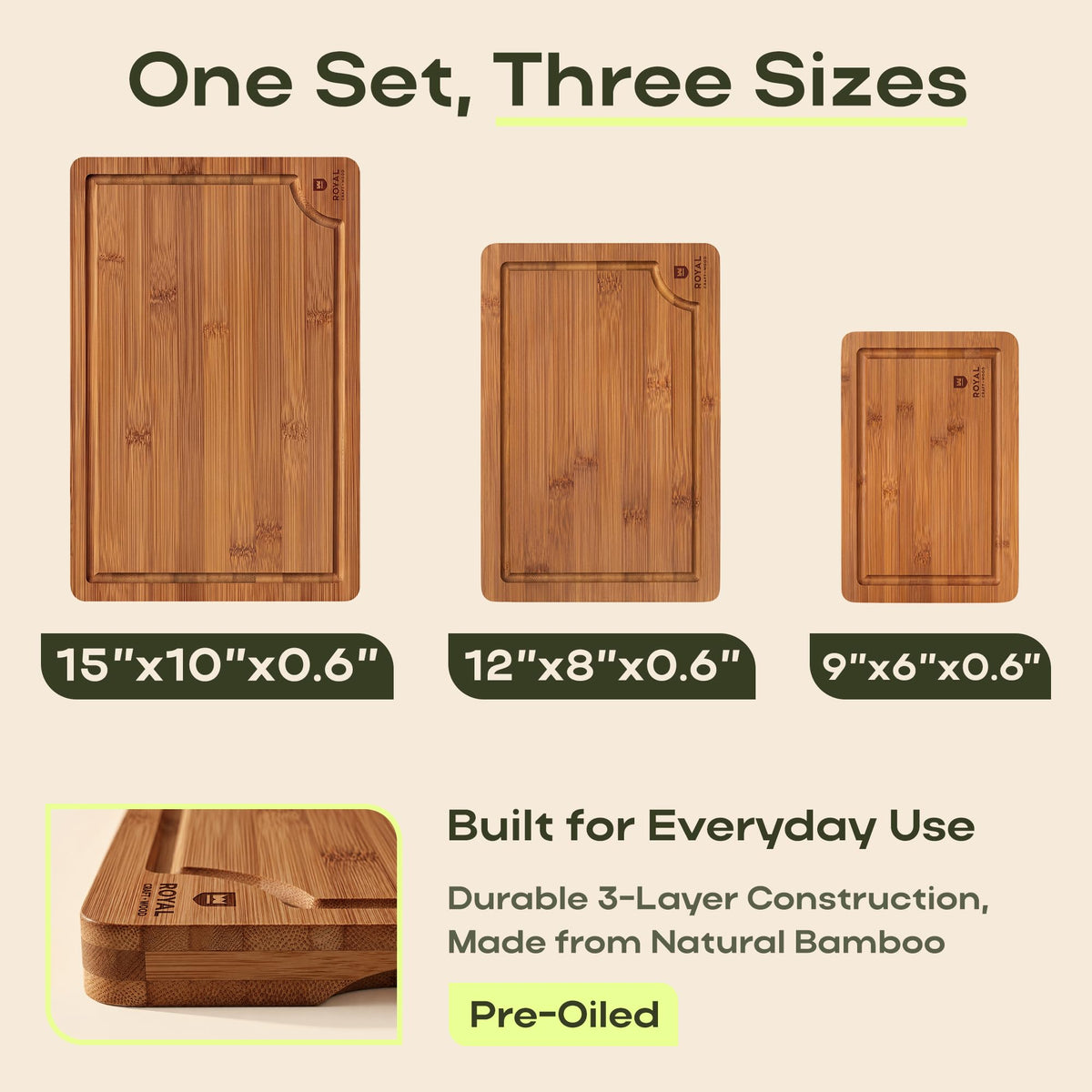 Royal Craft Wood Bamboo Cutting Board Set, 3 Piece with Juice Groove, Brown