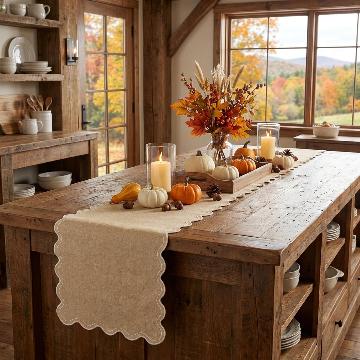 Yuboo Burlap Table Runner, Scalloped Edge, 14 x 70 Inch, Burlap
