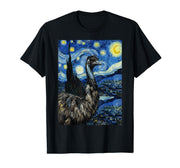 Emu in Van Gogh Starry Night Style Art T-Shirt by Starry Wildlife Art – Black, Model 61NN7DZ27FK