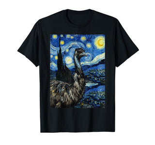 Emu in Van Gogh Starry Night Style Art T-Shirt by Starry Wildlife Art – Black, Model 61NN7DZ27FK