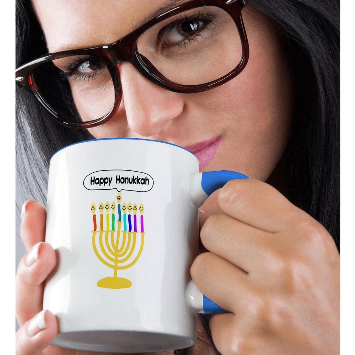 3dRose Hanukkah Menorah Cartoon Mug, 11oz Ceramic, Two-Tone Blue