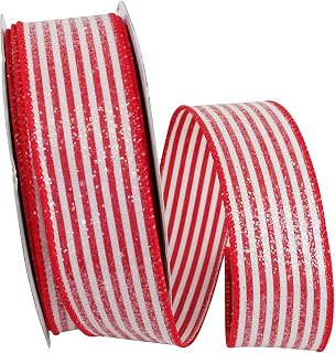 Reliant Ribbon Frosted Candy Stripes Wired Edge Ribbon, 1-1/2 Inch X 20 Yards, White/red