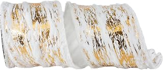 Reliant Ribbon Furry Snow Cavern Metallic Frizette Wired Edge, White/Gold, 4 Inch, 10 Yards