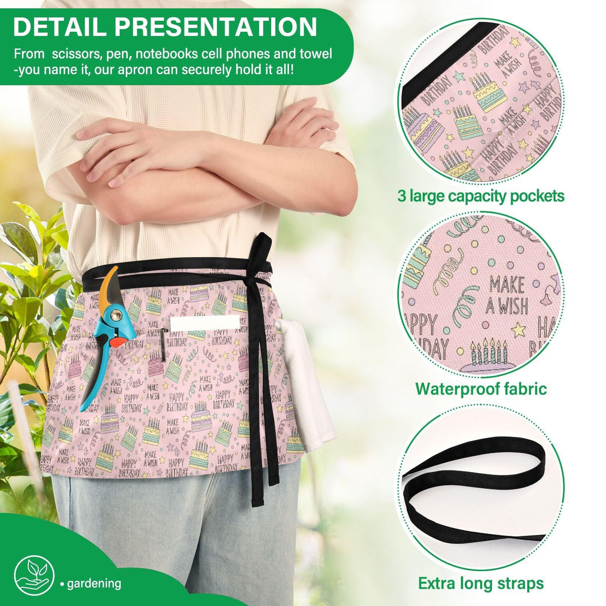 Birthday Pattern Pink 3-Pocket Server Apron Professional Waist Apron for Waitress by SDMKA – 25.2" x 11.8", Polyester, I310, Model g513182367p1023c1088s2479