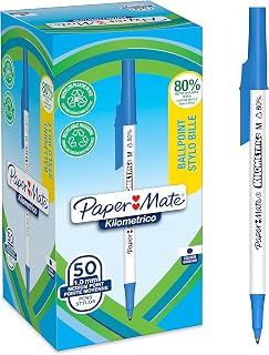 Paper Mate Kilometrico Ballpoint Pens | Long Writing with Medium Point (1.0mm) | Blue Ink | 80% Recycled Plastic | 50 Count