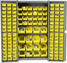 Global Industrial Deep Door Bin Cabinet, Includes 136 Yellow Plastic Bins | Padlockable Steel Cabinet, 38"W x 24"D x 72"H, For Tool and Parts Storage, Ships Assembled