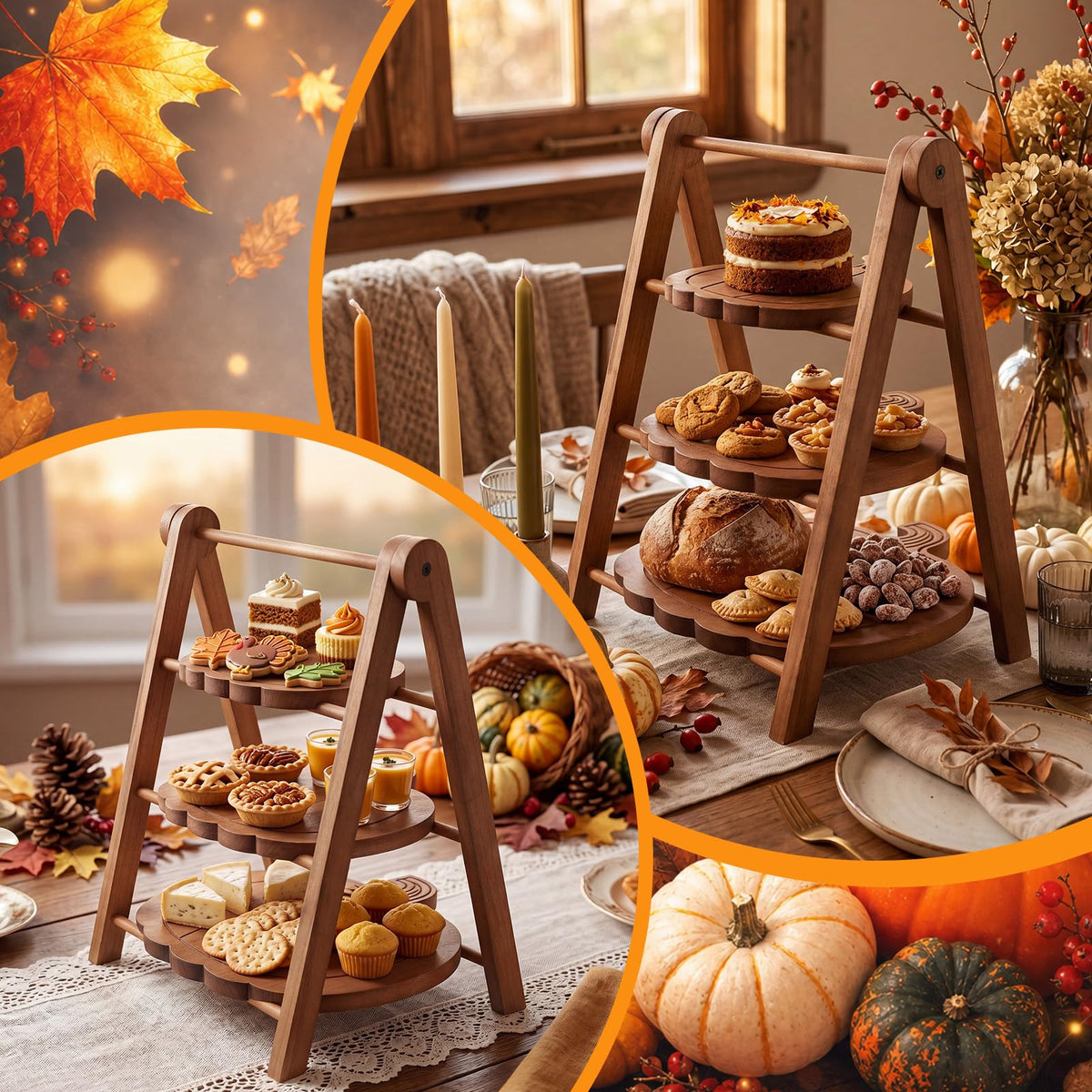 Marsui Pumpkin Tiered Serving Set, Wooden Platters in 12 10 8 Inch Sizes, Brown