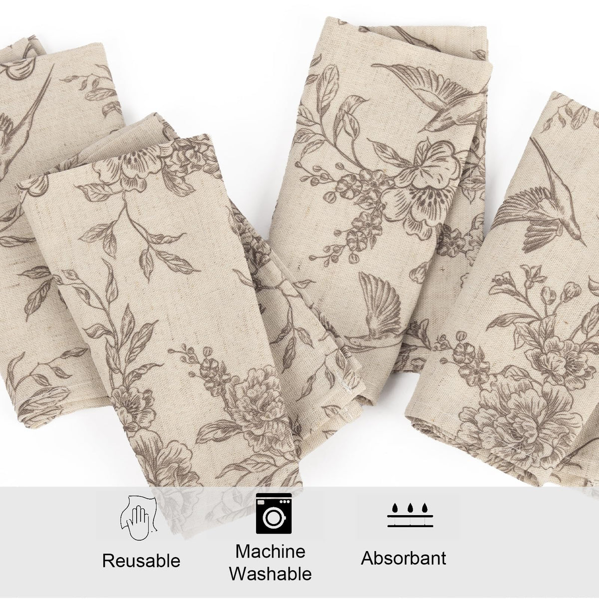 Muginyu Floral Cloth Napkins, 15 x 15 Inch, Set of 12, Flower Bird
