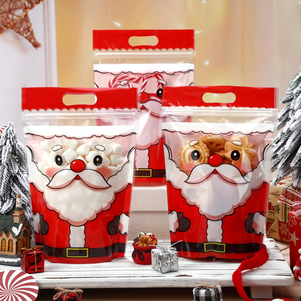 Epakh Christmas Zipper Bags, Resealable Treat Bags with Handles, Santa Claus, Pack of 100