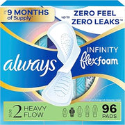 Always Infinity Feminine Pads for Women, Flexfoam Pads with Wings, Size 2, Heavy Absorbency, Unscented, 96 Count (3 Packs of 32)