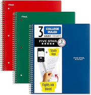 Five Star Spiral Notebook + Study App, 3 Pack, 3 Subject, College Ruled Paper, Fights Ink Bleed, Water Resistant Cover, 8-1/2" x 11", 150 Sheets, Green, Red, Blue (820193)