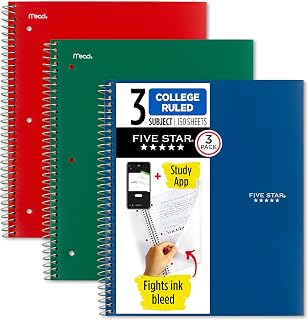 Five Star Spiral Notebook + Study App, 3 Pack, 3 Subject, College Ruled Paper, Fights Ink Bleed, Water Resistant Cover, 8-1/2" x 11", 150 Sheets, Green, Red, Blue (820193)