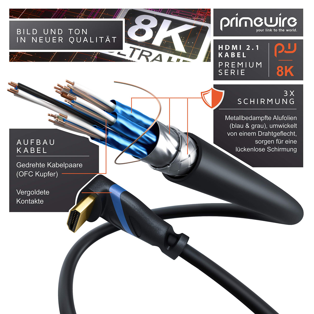 CSL - 8K HDMI Cable Angled 90° - 270° (3.0 m 270° Angled Plug) by CSL-Computer – 3,0m 270° Winkelstecker, Plastic Copper Aluminium Metal PVC, black, Model 648531864