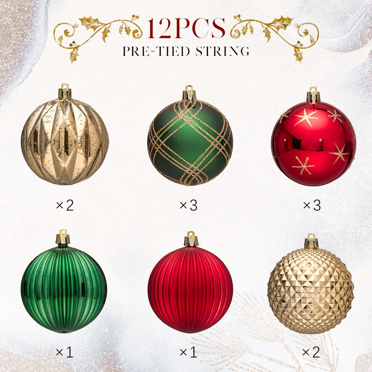 Jornoy Christmas Tree Baubles, 3.15 Inch Shatterproof Plastic, Set of 12 in Red Green Gold