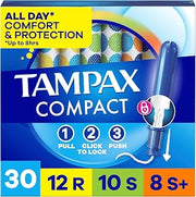 Tampax Compact Pearl Tampons for Women Multipack, with LeakGuard Braid & Extendable Applicator, Regular/Super/Super Plus Absorbency, Compact Extendable Applicator, Unscented, 30 Count