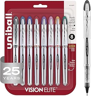 Uni-Ball Vision™ Elite™ Liquid Ink Rollerball Pens, Bold Point, 0.8 mm, Black Barrel, Assorted Ink Colors, Pack Of 8