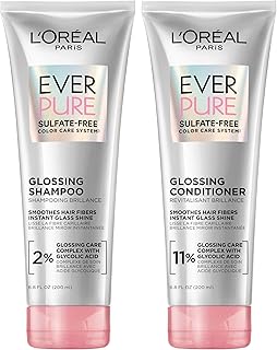 L’Oreal Paris Sulfate Free Glossing Shampoo and Conditioner Set with Glycolic Acid, Provides Intense Glass Shine & Smoothness, Suitable for Dull, Dry, and Color-Treated Hair, EverPure, 13.6 Fl Oz Set