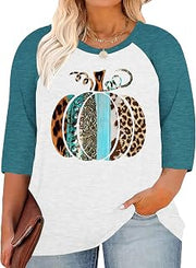Plus Size Halloween Pumpkin Shirt Women 3/4 Sleeve Tops Its Fall Yall Print Tshirt Thanksgiving Gift