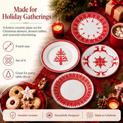 Rtteri Ceramic Salad Plates, 9 Inch, Red Nordic Christmas Set of 4