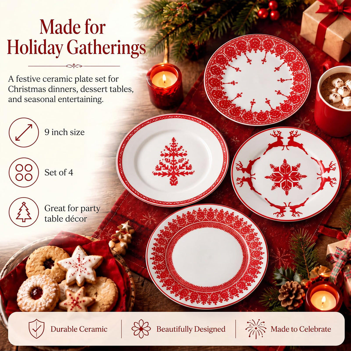 Rtteri Ceramic Salad Plates, 9 Inch, Red Nordic Christmas Set of 4