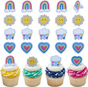 DecoPac Joyful Sunshine Cupcake Toppers, 24 Colorful Cupcake Rings For Birthday Parties, Featuring Rainbows, Hearts, Clouds, & Sun - 24 Pack
