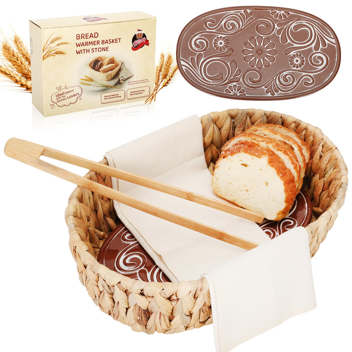 Hliay Bread Warmer Basket with Stone, Natural Woven, 1 Piece