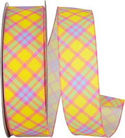 Reliant Ribbon Plaid Diagonal Bright Linen Value Wired Edge, Yellow/Fuchsia, 2-1/2 Inch, 50 Yards
