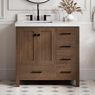ARIEL Cambridge 36-inch Bathroom Vanity with Sink,Solid Wood, 1.5-inch Pure White Quartz Countertop, Single Rectangular Porcelain Sink, 2 Soft Closing Doors, 5 Dovetail Drawers, Brown Oak