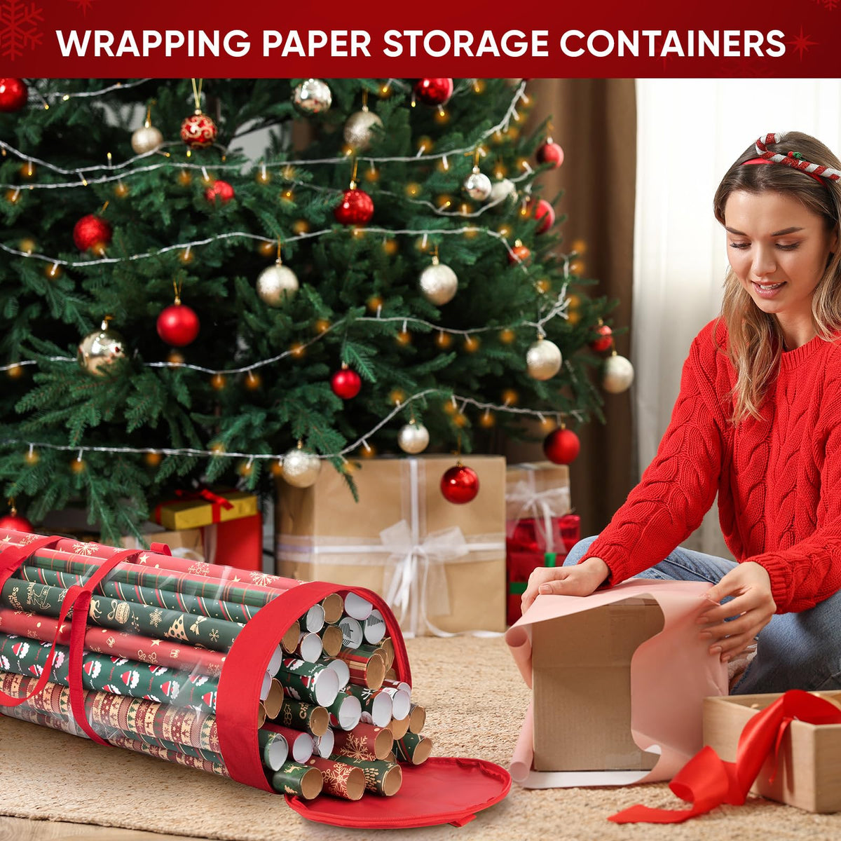 Baleine Wrapping Paper Storage Bag, Round 41 x 11 Inch, Golden