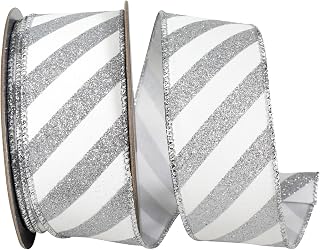Reliant Ribbon Ribbon - Stripes Diagonal Glitter Bling Wired Edge, White/Silver, 1-1/2 Inch, 10 Yards