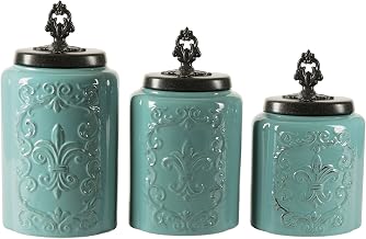 American Atelier Blue Antique Canister Set 3-Piece Ceramic Jars in Antique Design w/Airtight Lids for Cookies, Candy, Coffee, Flour, Sugar, Rice, Pasta, Cereal & More, 60, 74.5, 84.5 oz