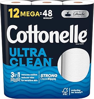 Cottonelle Ultra Clean Toilet Paper, Strong Toilet Tissue, 6 Mega Rolls (6 Mega Rolls = 24 Regular Rolls), 312 Sheets per Roll, Packaging May Vary