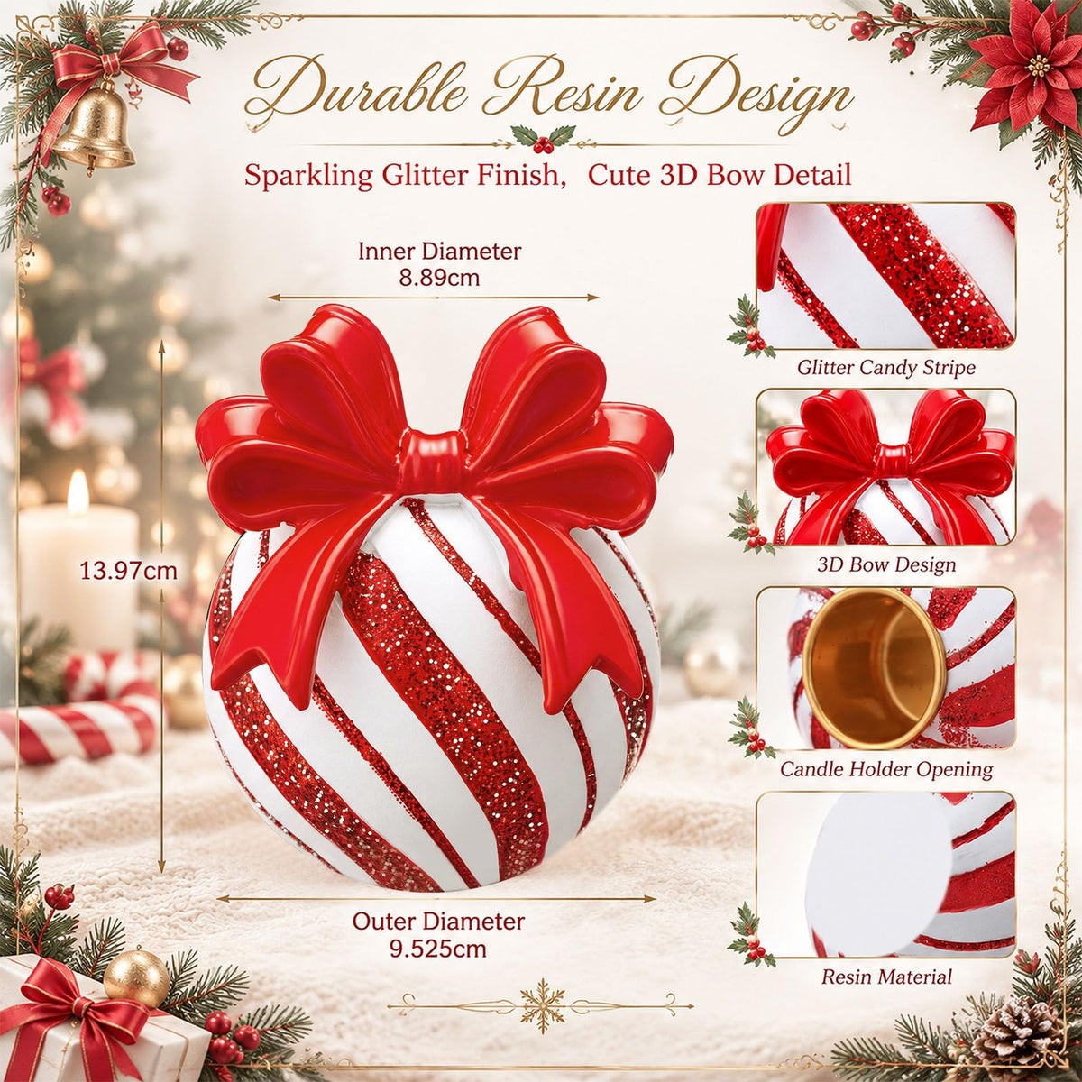 Qinyoung Candy Ball Candle Holder, Resin, Red White, Set of 2