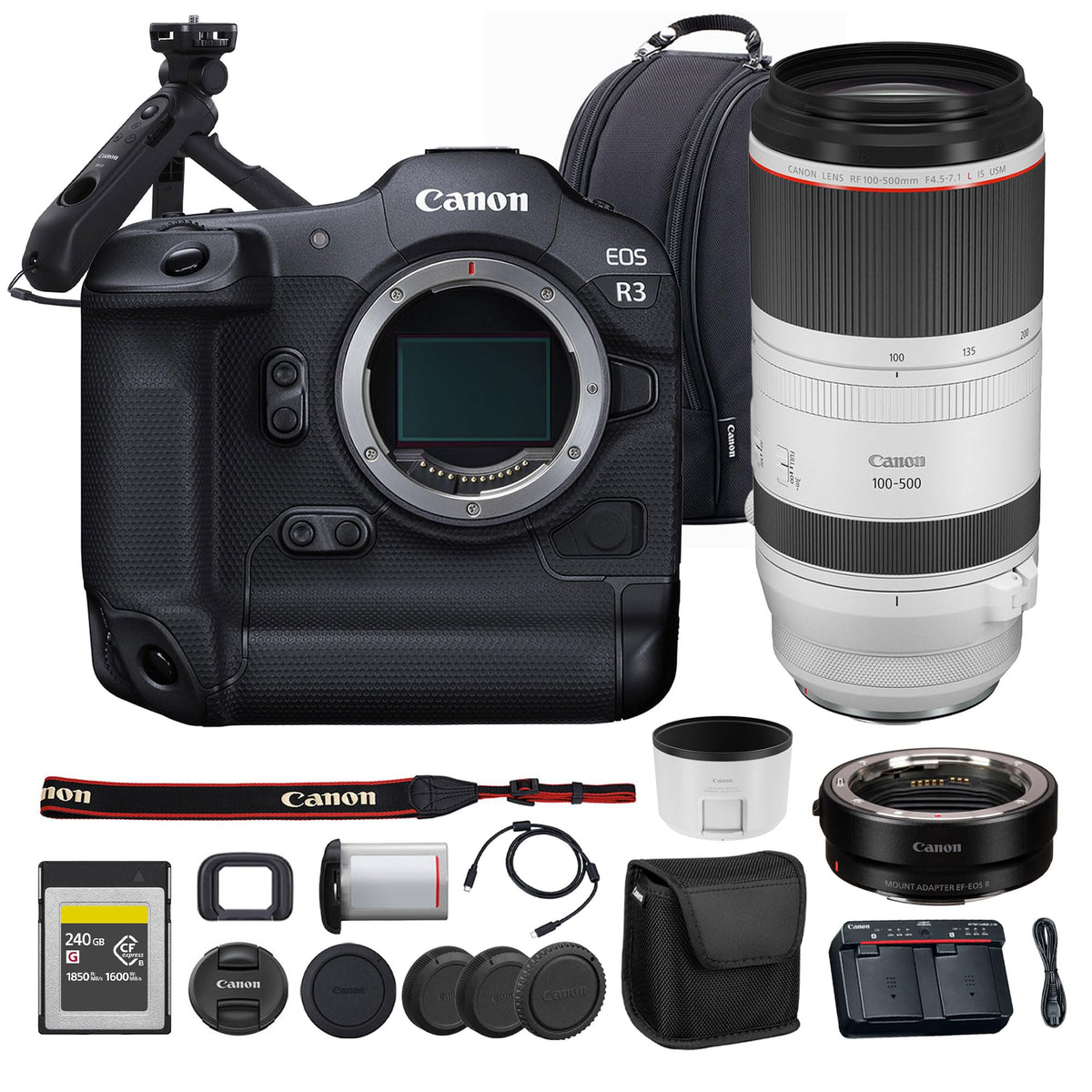 EOS R3 Mirrorless Camera | 24MP Full Frame Sensor 6K RAW Recording | High Speed Autofocus Professional Action and Sports Camera (4895C002) + Canon RF 100-500mm Lens + 240GB Card +