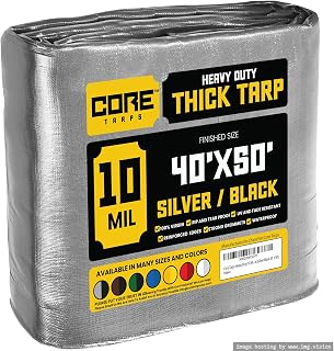 Core Tarps Heavy Duty 10 Mil Tarp Cover, Waterproof, UV Resistant, Rip and Tear Proof, Poly Tarpaulin with Reinforced Edges for Roof, Patio, Pool, Boat (Silver/Black 40′ X 50′)