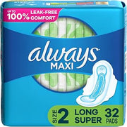 Always Maxi Unscented Pads with Wings, Long/Super 32 Count (Pack of 2)