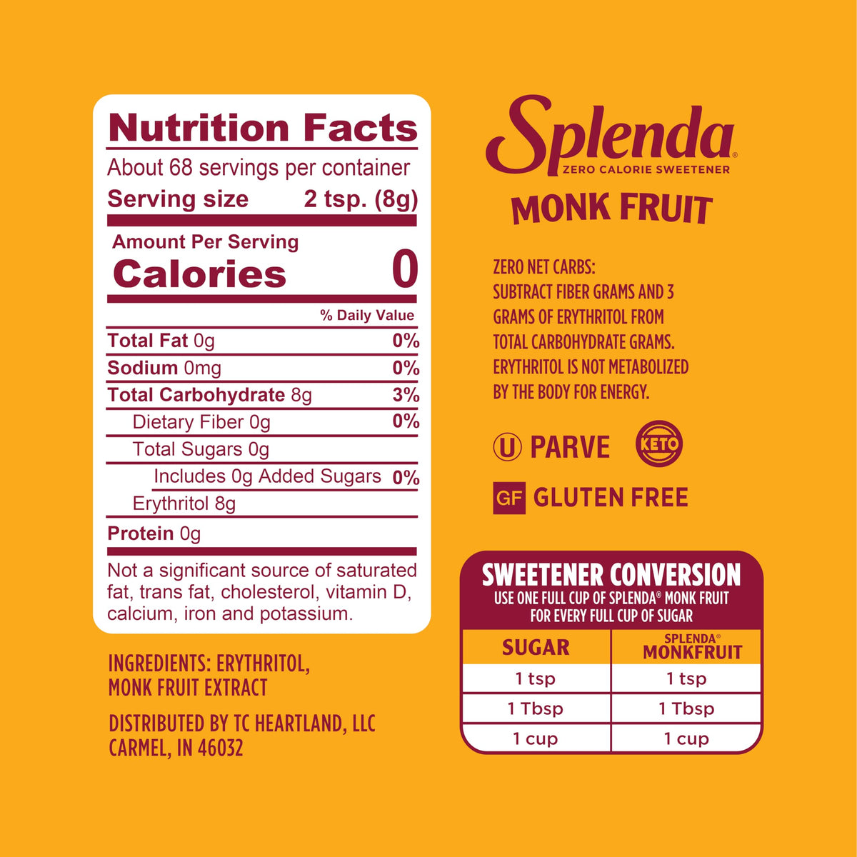 Monk Fruit Zero Calorie Plant Based Granulated Sweetener Jar by SPLENDA – 19 Ounce (Pack of 1)