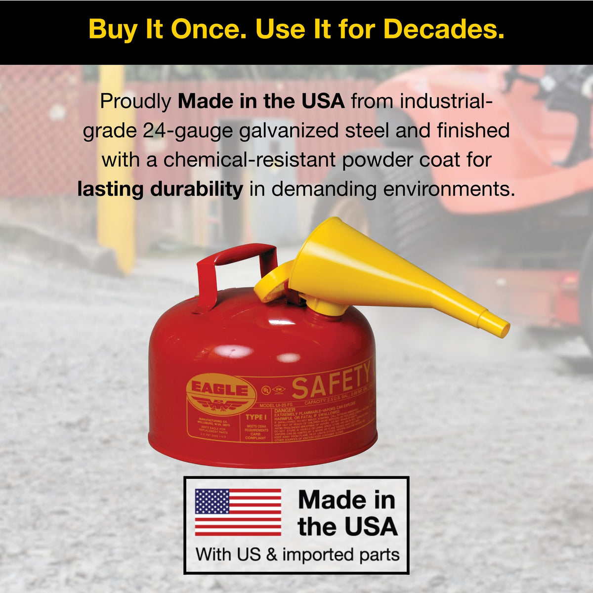 2.5 Gallon Type I Red Safety Gas Can for Gasoline by Eagle – 2.5 Gallon, 2.5 gallons, Metal, Red, Model UI25FS