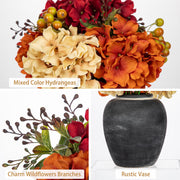 Oairse Artificial Hydrangea Arrangement, 11.8 Inch Silk Blooms in Ceramic Vase, Cream Orange Wine