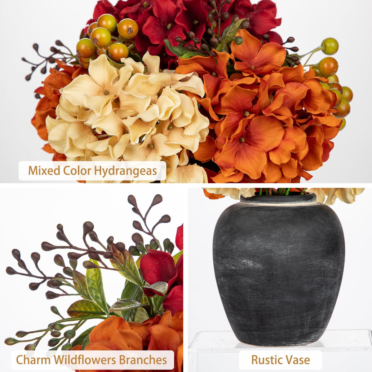 Oairse Artificial Hydrangea Arrangement, 11.8 Inch Silk Blooms in Ceramic Vase, Cream Orange Wine