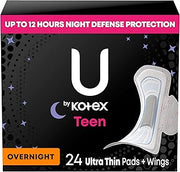U by Kotex Balance Teen Ultra Thin Overnight Pads with Wings, 24 Count (Packaging May Vary)