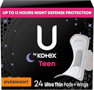 U by Kotex Balance Teen Ultra Thin Overnight Pads with Wings, 24 Count (Packaging May Vary)